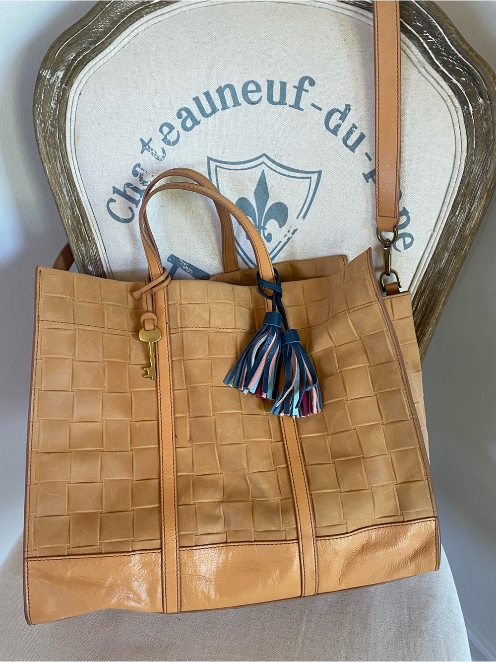 Fossil Woven Tote in Cognac Tan with Multi-Color Tassel